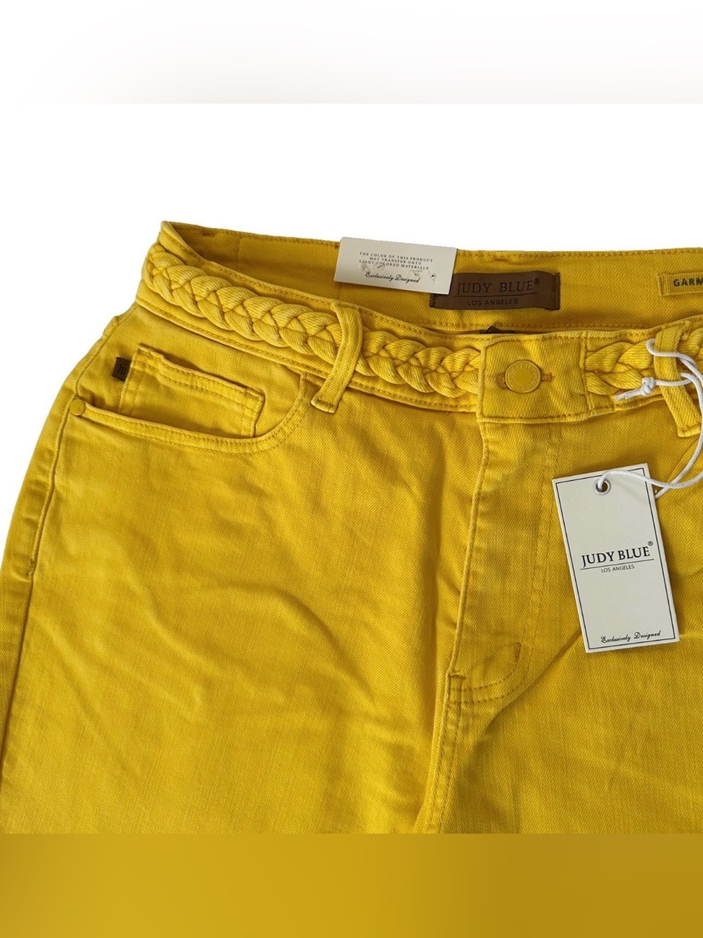 Judy Blue Yellow Braided Waistband Jeans 16W Wide Leg Crop Raw Hem Stretch NWT